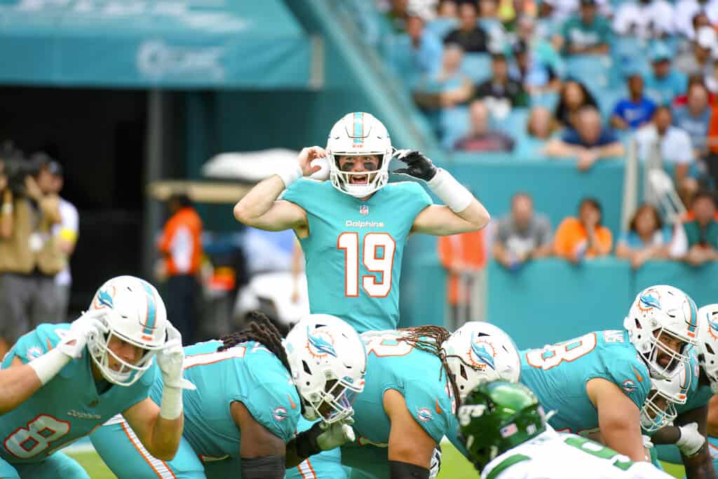 The Dolphins take on the Bills on Sunday, and one NFL player prop that stands out involves Skylar Thompson's work as a passer...