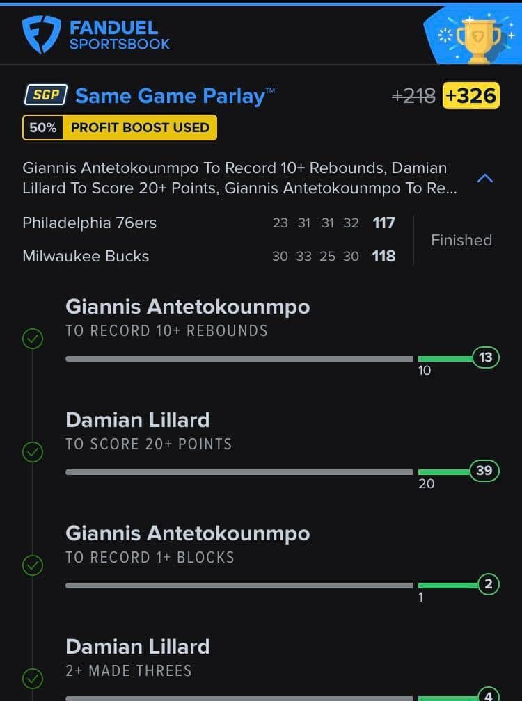 Winning nba parlay picks bet slip 5-leg same game parlay giannis damian lillard Bucks-76ers